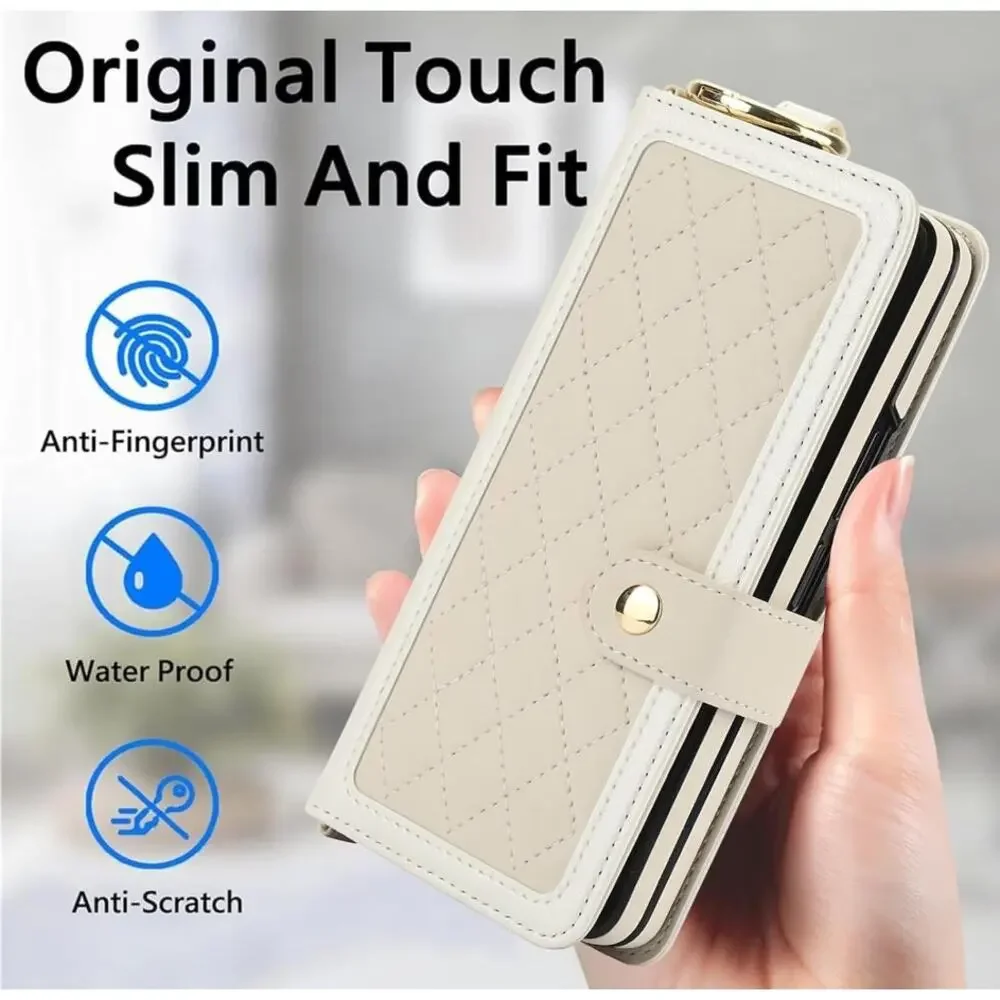 Asuwish Galaxy Z Fold 7 Crossbody Wallet Case RFID S Pen Holder Card Slots Beige